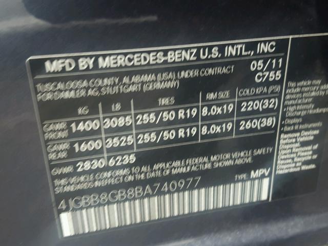 4JGBB8GB8BA740977 - 2011 MERCEDES-BENZ ML CHARCOAL photo 10