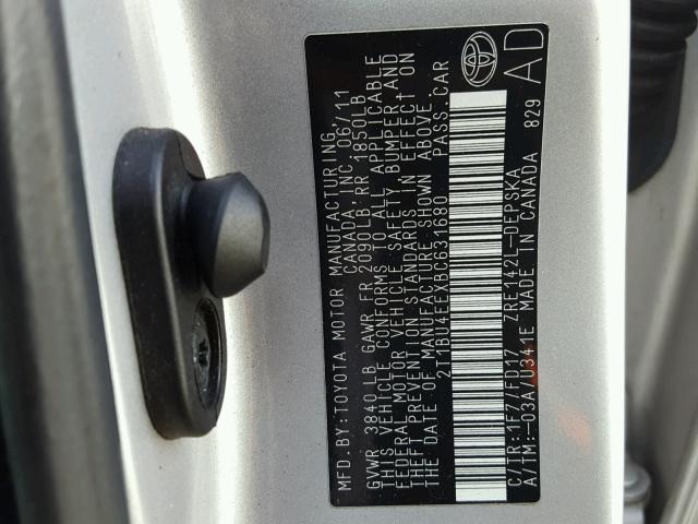 2T1BU4EEXBC631680 - 2011 TOYOTA COROLLA SILVER photo 10