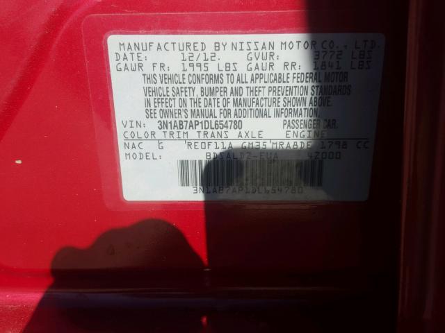 3N1AB7AP1DL654780 - 2013 NISSAN SENTRA S RED photo 10