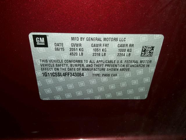 1G11C5SL4FF343084 - 2015 CHEVROLET MALIBU 1LT RED photo 10