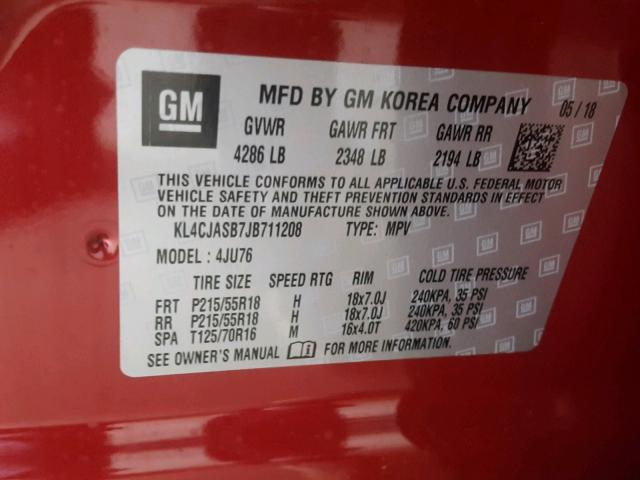 KL4CJASB7JB711208 - 2018 BUICK ENCORE PRE RED photo 10