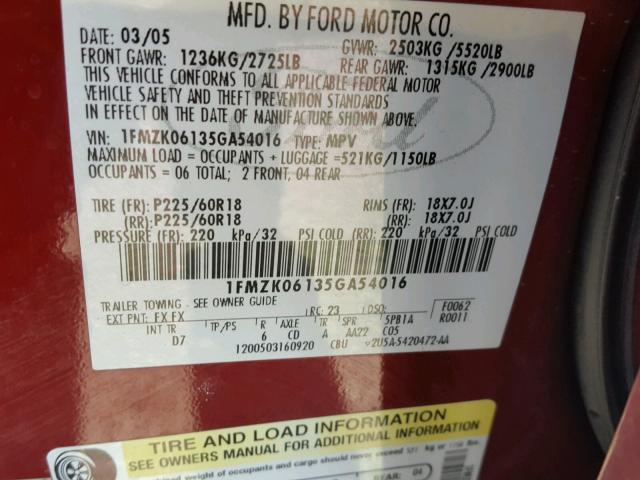 1FMZK06135GA54016 - 2005 FORD FREESTYLE MAROON photo 10