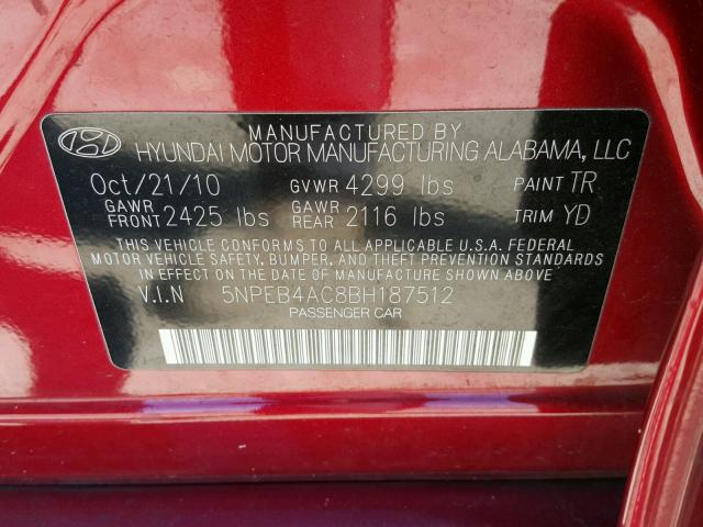 5NPEB4AC8BH187512 - 2011 HYUNDAI SONATA GLS BURGUNDY photo 10