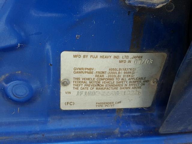 JF1GD29664G513326 - 2004 SUBARU IMPREZA WR BLUE photo 10