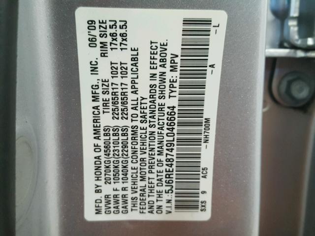 5J6RE48749L046664 - 2009 HONDA CR-V EXL SILVER photo 10