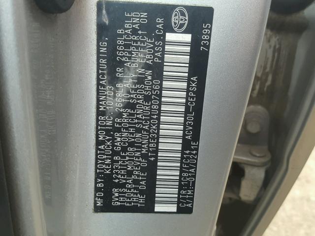 4T1BE32K04U807560 - 2004 TOYOTA CAMRY SILVER photo 10