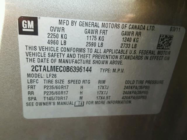 2CTALMEC0B6396144 - 2011 GMC TERRAIN SL GRAY photo 10