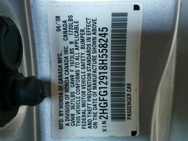 2HGFG12918H558245 - 2008 HONDA CIVIC EXL SILVER photo 10