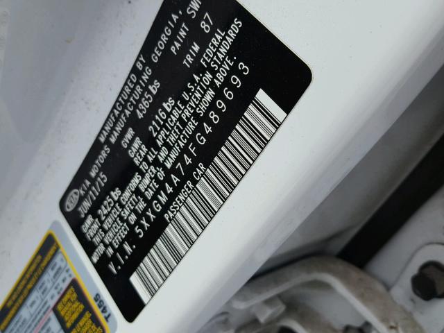 5XXGM4A74FG489693 - 2015 KIA OPTIMA LX WHITE photo 10