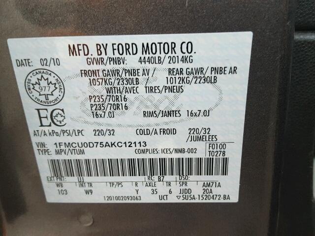 1FMCU0D75AKC12113 - 2010 FORD ESCAPE XLT GRAY photo 10