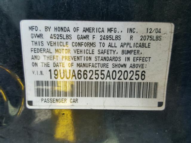 19UUA66255A020256 - 2005 ACURA TL BLACK photo 10