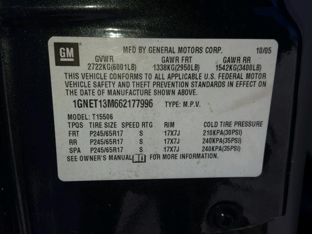 1GNET13M662177996 - 2006 CHEVROLET TRAILBLAZE CHARCOAL photo 10