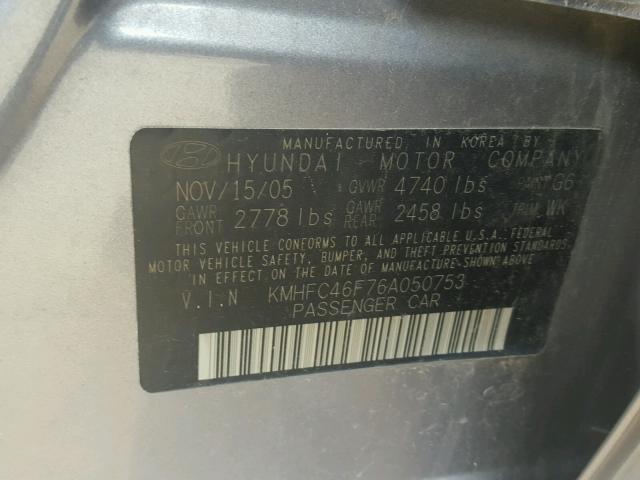 KMHFC46F76A050753 - 2006 HYUNDAI AZERA SE GRAY photo 10