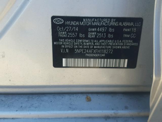 5NPE24AFXFH118272 - 2015 HYUNDAI SONATA SILVER photo 10