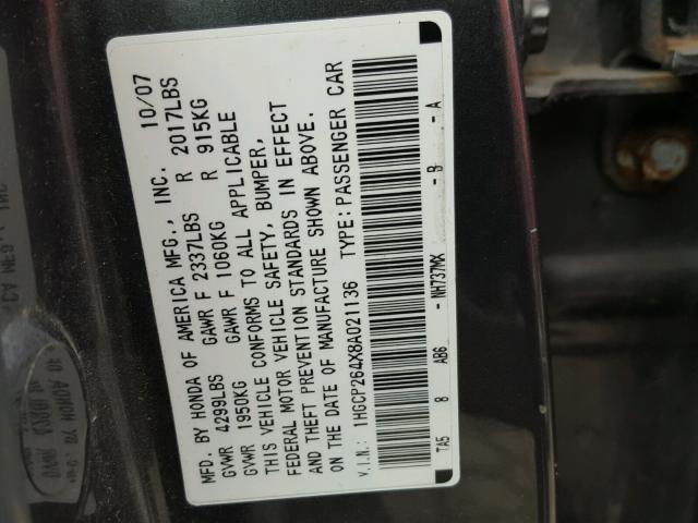 1HGCP264X8A021136 - 2008 HONDA ACCORD LXP GRAY photo 10