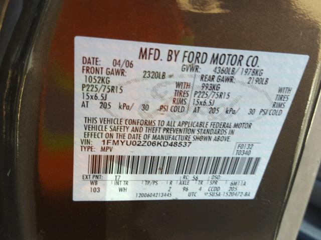 1FMYU02Z06KD48537 - 2006 FORD ESCAPE BROWN photo 10