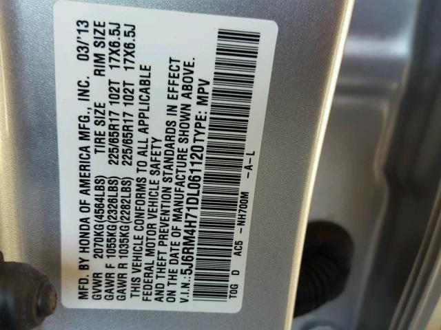 5J6RM4H71DL061120 - 2013 HONDA CR-V EXL SILVER photo 10