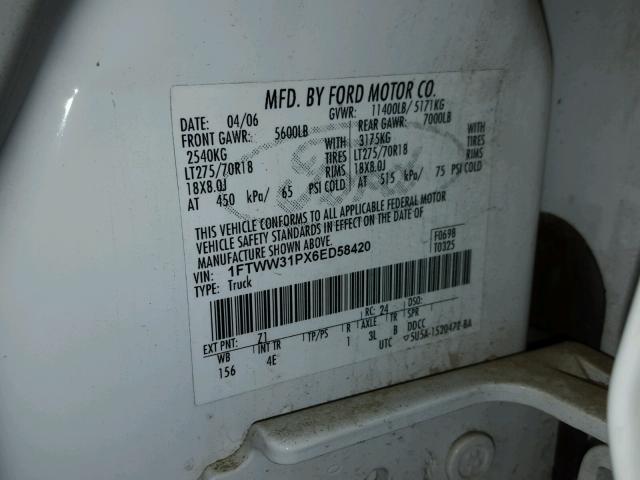 1FTWW31PX6ED58420 - 2006 FORD F350 SRW S WHITE photo 10