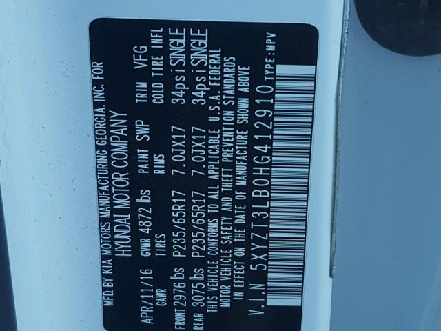 5XYZT3LB0HG412910 - 2017 HYUNDAI SANTA FE S 白色 照片 10