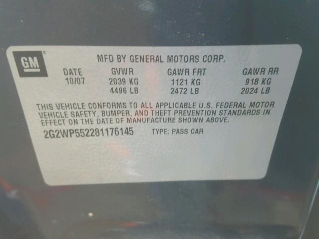 2G2WP552281176145 - 2008 PONTIAC GRAND PRIX BLUE photo 10