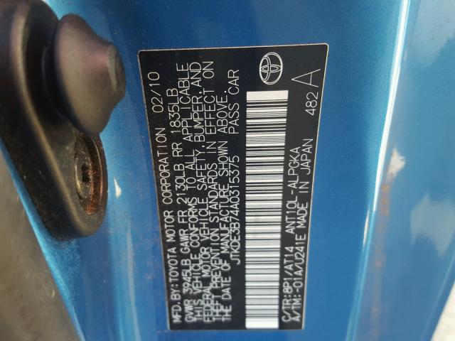 JTKDE3B74A0315375 - 2010 TOYOTA SCION TC BLUE photo 10