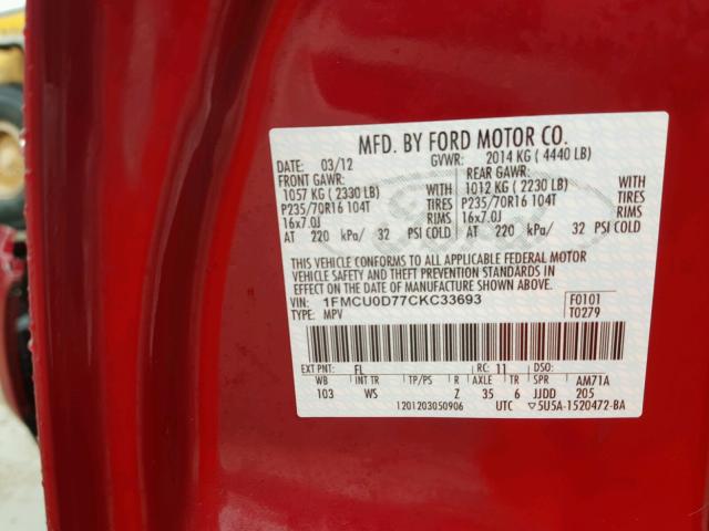 1FMCU0D77CKC33693 - 2012 FORD ESCAPE RED photo 10