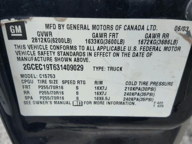 2GCEC19T631409029 - 2003 CHEVROLET SILVERADO BLACK photo 10