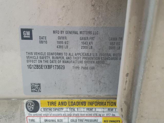 1G1ZB5E1XBF173629 - 2011 CHEVROLET MALIBU LS 金色 照片 10