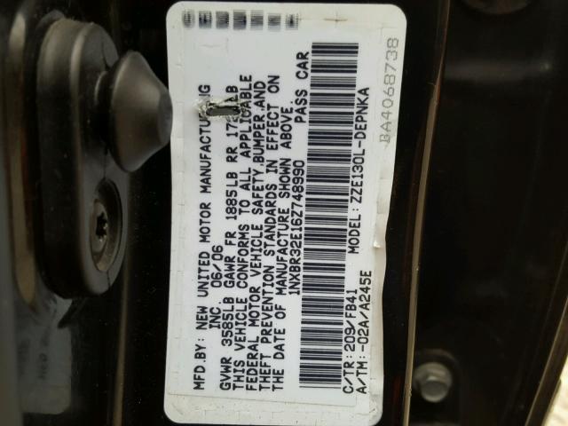 1NXBR32E16Z748990 - 2006 TOYOTA COROLLA BLACK photo 10