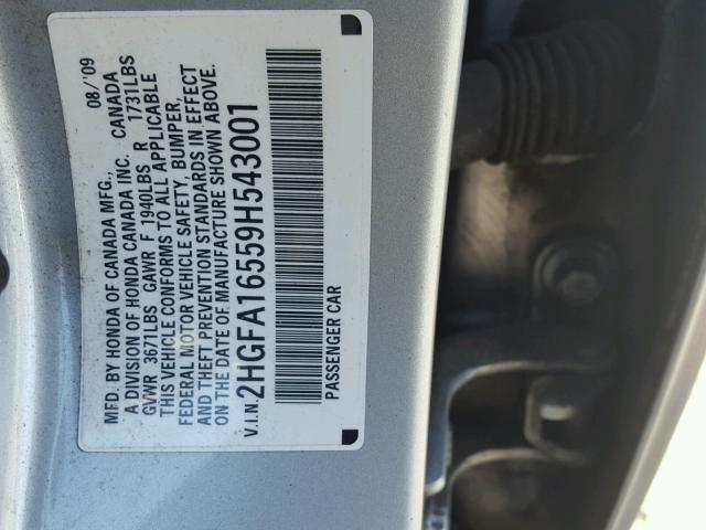 2HGFA16559H543001 - 2009 HONDA CIVIC LX SILVER photo 10