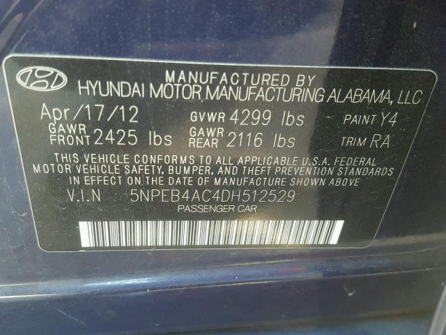 5NPEB4AC4DH512529 - 2013 HYUNDAI SONATA GLS BLUE photo 10