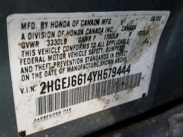 2HGEJ6614YH579444 - 2000 HONDA CIVIC BASE GREEN photo 10