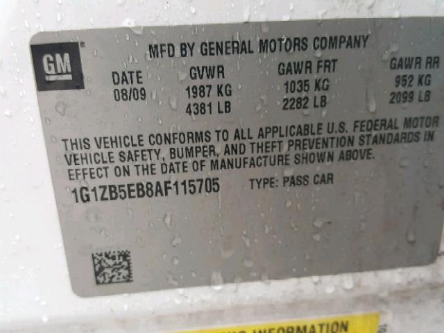 1G1ZB5EB8AF115705 - 2010 CHEVROLET MALIBU LS თეთრი ფოტო 10