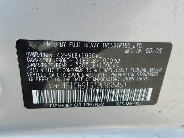 JF1GH61619H805491 - 2009 SUBARU IMPREZA 2. SILVER photo 10