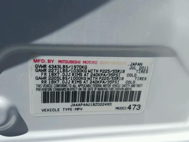 JA4AP4AU1BZ022493 - 2011 MITSUBISHI OUTLANDER WHITE photo 10