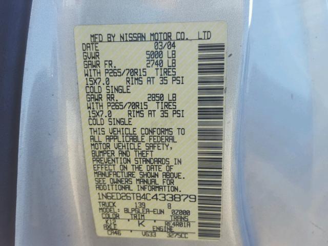 1N6ED26T84C433879 - 2004 NISSAN FRONTIER GRAY photo 10