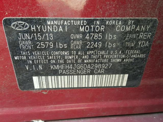 KMHFH4JG6DA298927 - 2013 HYUNDAI AZERA GLS RED photo 10