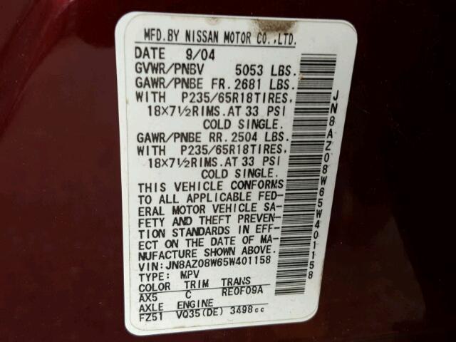 JN8AZ08W65W401158 - 2005 NISSAN MURANO SL BURGUNDY photo 10