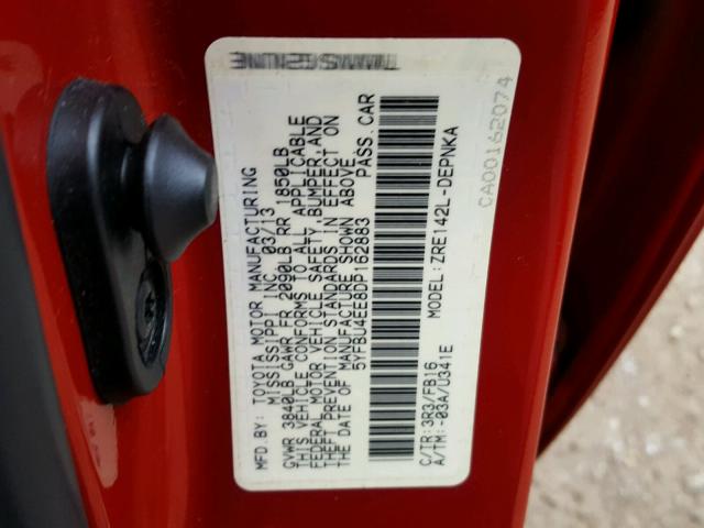 5YFBU4EE8DP162883 - 2013 TOYOTA COROLLA BA RED photo 10