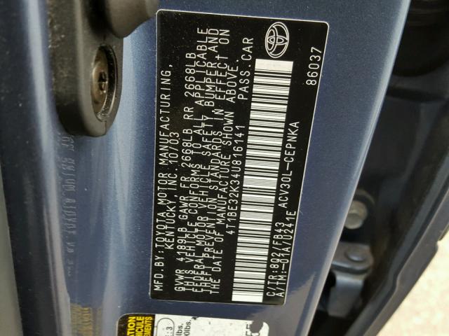 4T1BE32K34U816141 - 2004 TOYOTA CAMRY LE BLUE photo 10