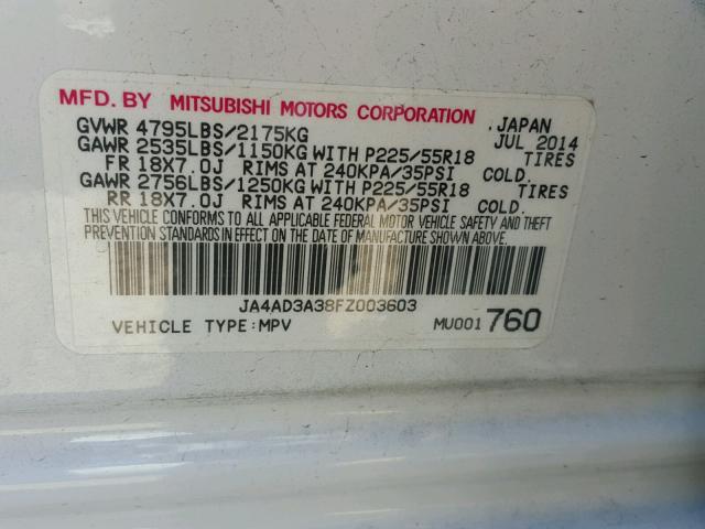 JA4AD3A38FZ003603 - 2015 MITSUBISHI OUTLANDER WHITE photo 10