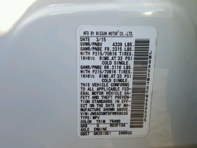 JN8AS5MTXFW659035 - 2015 NISSAN ROGUE SELE WHITE photo 10