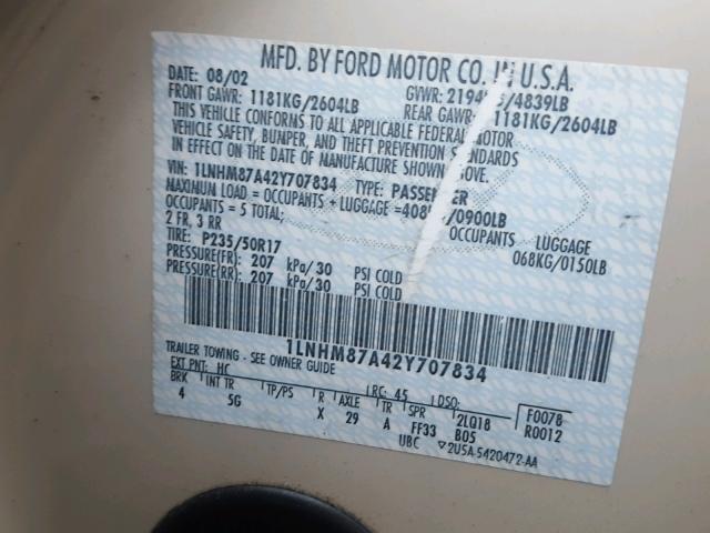 1LNHM87A42Y707834 - 2002 LINCOLN LS 金色 照片 10