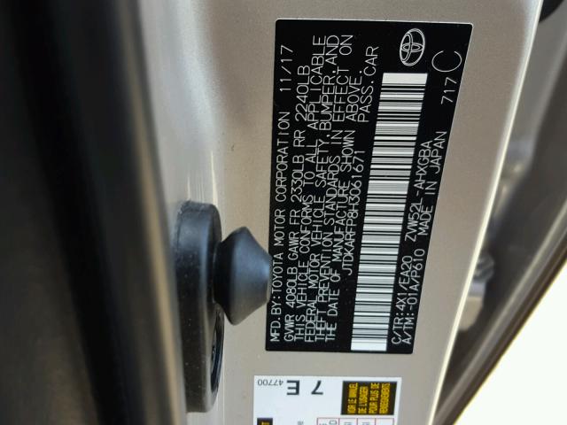 JTDKARFP8H3061671 - 2017 TOYOTA PRIUS PRIM ვერცხლისფერი ფოტო 10