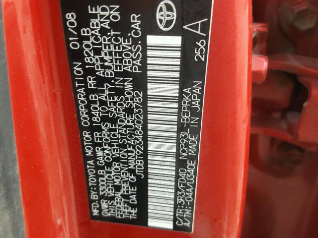 JTDBT923484023782 - 2008 TOYOTA YARIS RED photo 10