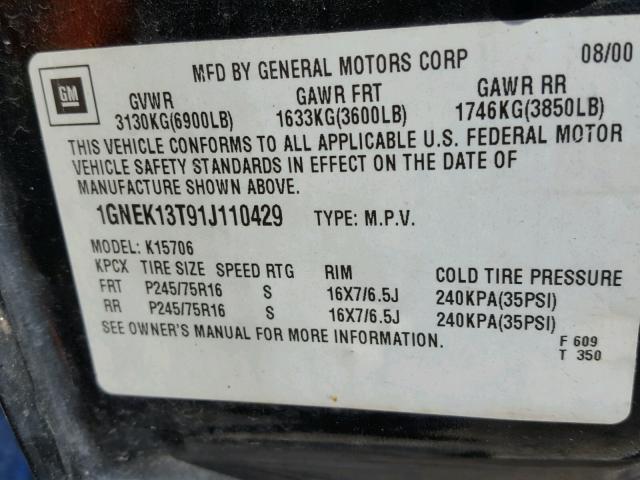 1GNEK13T91J110429 - 2001 CHEVROLET TAHOE K150 BLACK photo 10