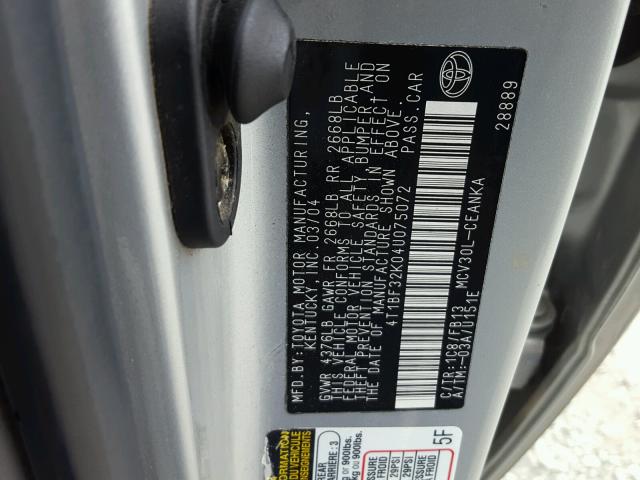 4T1BF32K04U075072 - 2004 TOYOTA CAMRY LE SILVER photo 10
