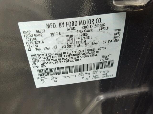 2FMDK38C77BB37887 - 2007 FORD EDGE SEL CHARCOAL photo 10