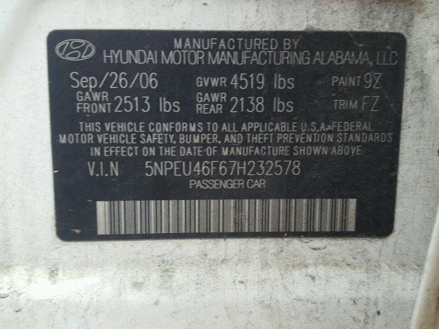 5NPEU46F67H232578 - 2007 HYUNDAI SONATA WHITE photo 10