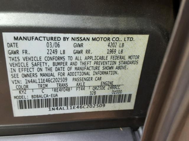 1N4AL11E46C202509 - 2006 NISSAN ALTIMA GOLD photo 10